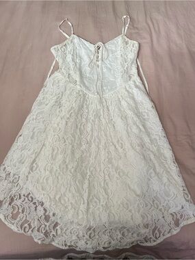 Miss Me White Lace Midi Dress with Spaghetti Straps